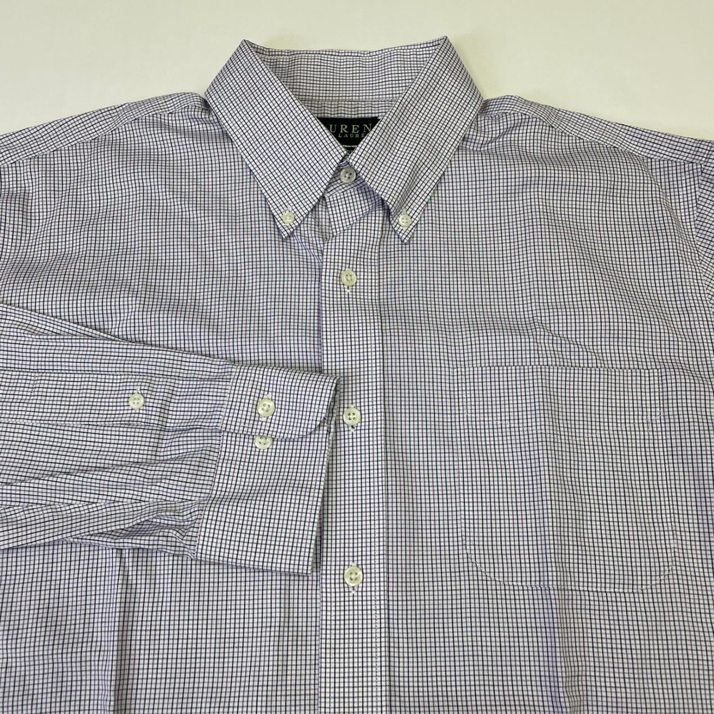 Lauren Ralph Lauren Mens Purple White Check Non Iron Dress Shirt 17 32/33